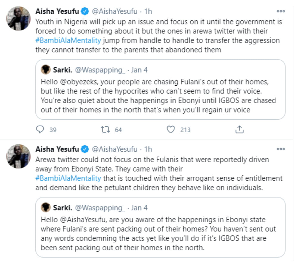 Aisha Yesufu drags Arewa youths, describes them as ‘Oxygen Wasting Vessels’ with BAmiAlaMentality’