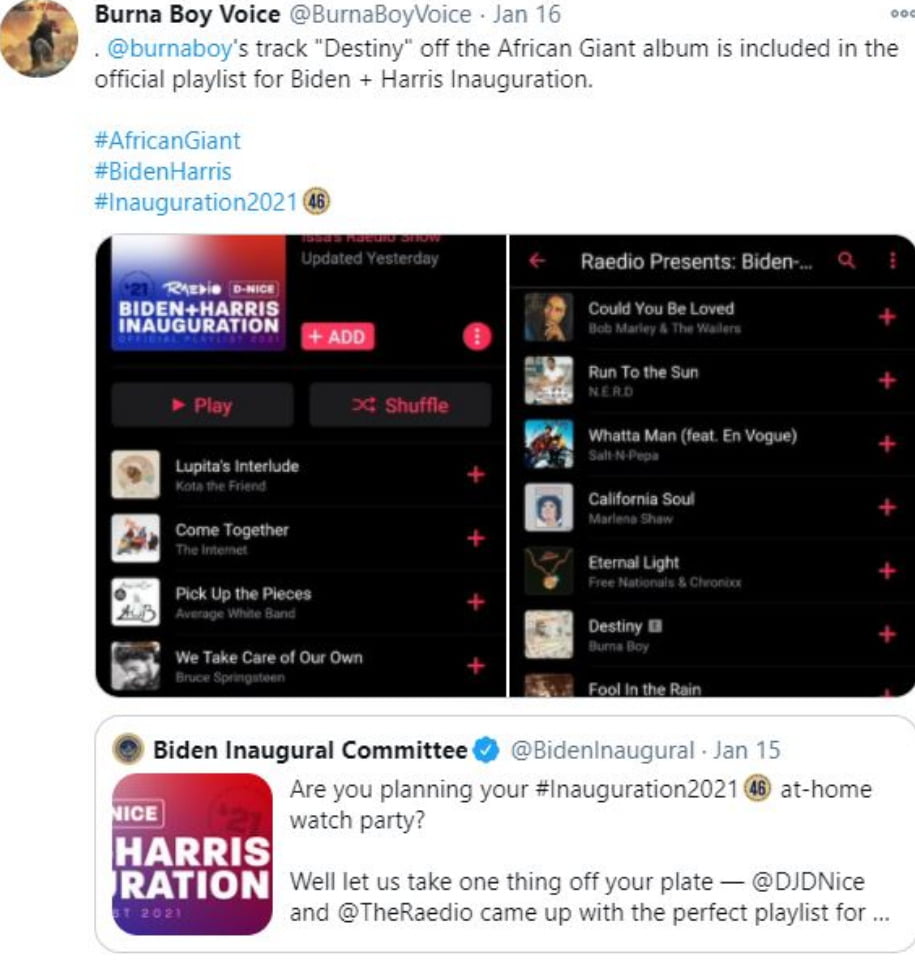 Burna Boy’s Song, “Destiny”, Featured On Joe Biden And Kamala Harris’ Official Inauguration Playlist