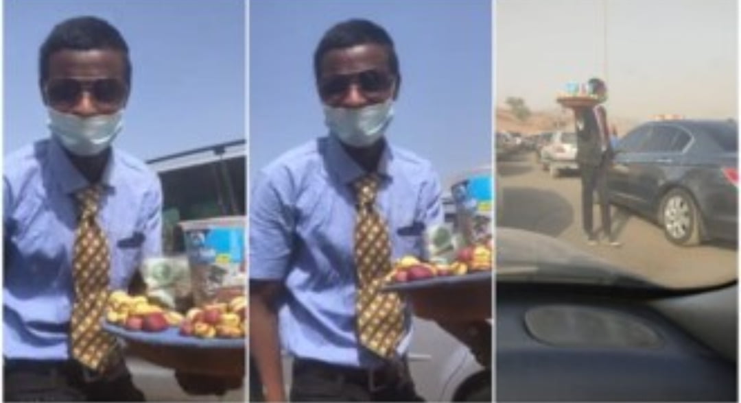 Young man in suit and tie hawk nuts, sweets in traffic, video goes viral