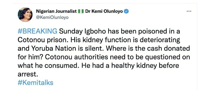 Sunday Igboho Has Been Poisoned In Cotonou Prison – Kemi Olunloyo