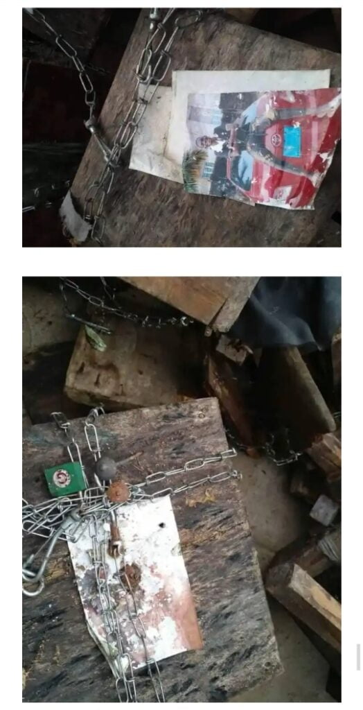 Photos Of Different Men “In Chaine” Found In A Shrine In Rivers State After Native Doctor Reportedly Got Caught Burying A Three Month-Old Baby Alive (PHOTOS)