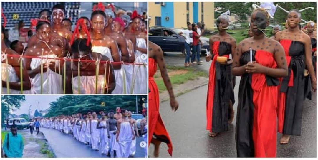 Initiation or induction? Nigerians React to Photos from Rivers State University's Year One Induction Ceremony.