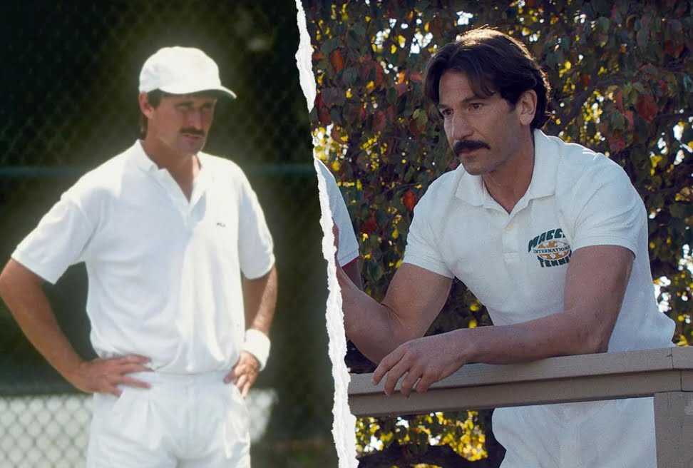 Rick Macci in real life on the left, and Jon Bernthal as King Richard on the right. Slate provided the illustration for this article. Ken Levine/Allsport and Warner Bros. photos