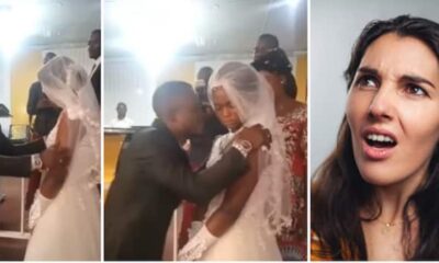Na by force? Nigerians React as Unhappy Bride Dodges Groom's Lips, Refuses to Kiss Him in Viral Video