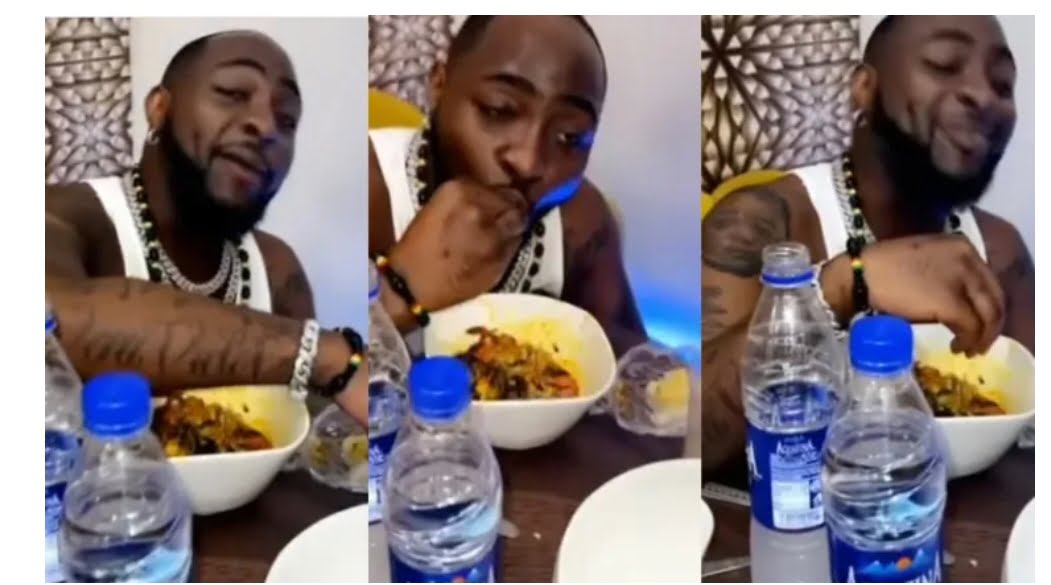 “He Too Like Food” – Davido Captured Consuming Eba And Soup In Style
