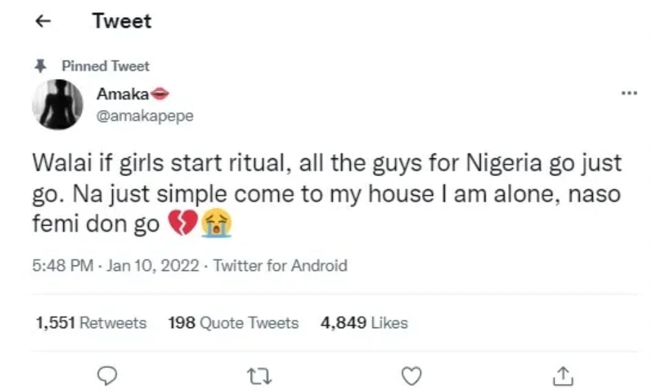 Lady shares what will happen if Nigerian girls start using guys for rituals
