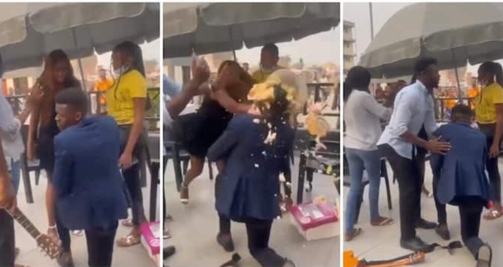 Nigerian Lady Gives Man Two Quick Hard Slaps, Messes Him up with Cake in Viral Proposal Fail Video