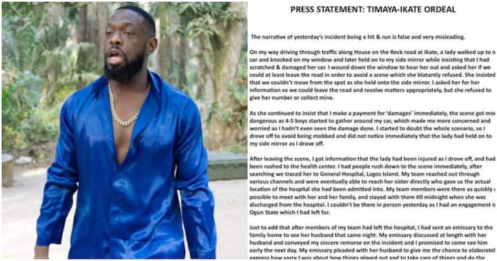I Didn’t Hit Her and Runaway, I Drove Off When 4 Boys Approached My Car: Timaya Releases Apology Statement