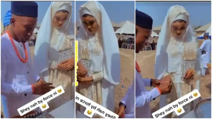 Na by Force to Marry? Video Shows Nigerian Bride & Groom Frowning As They Exchange Rings