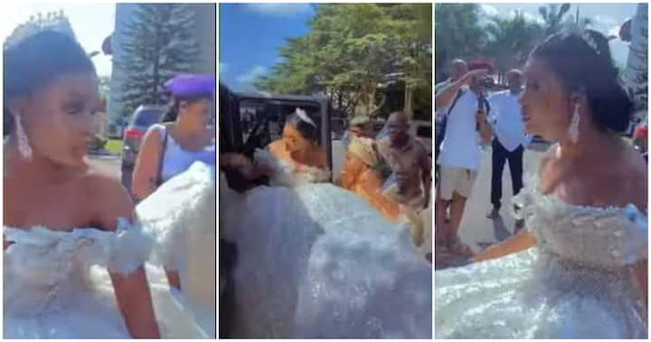 Drama on Wedding Day as Bride's Luxury Ball Dress 'Refuses' to Enter the Car in Video, Nigerians React