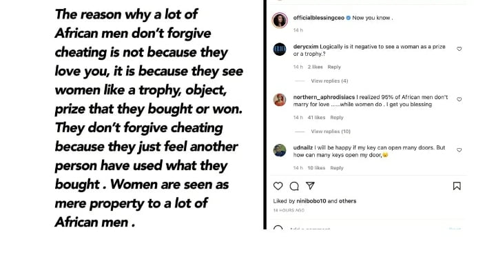 Blessing Okoro, a popular Nigerian relationship coach, has given her opinion on why most African men find it difficult to forgive cheating partners.