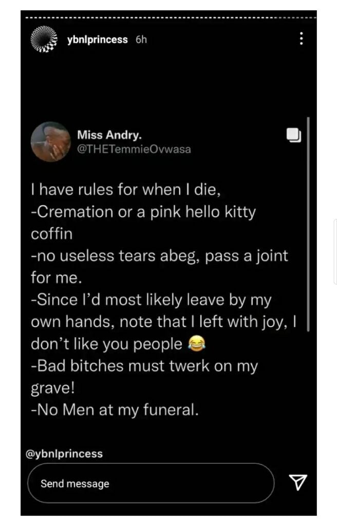 Temmie Ovwasa, ex-YBNL Queen, warns that no man should attend her funeral.