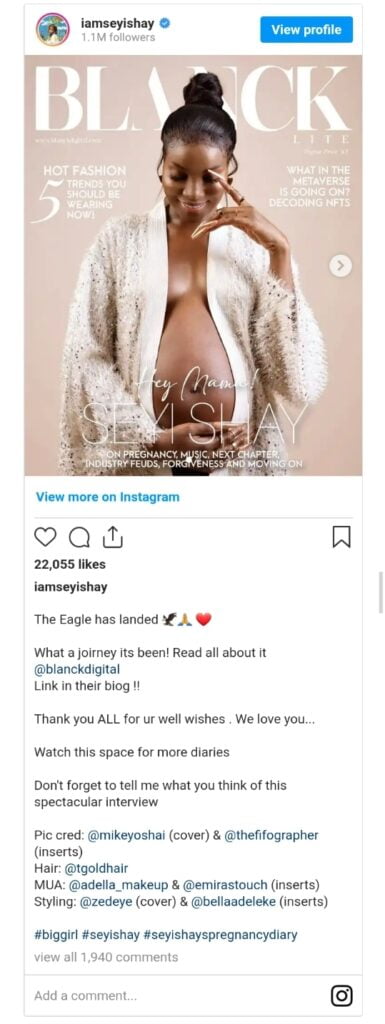 Seyi Shay, a singer, has given birth to her first child.