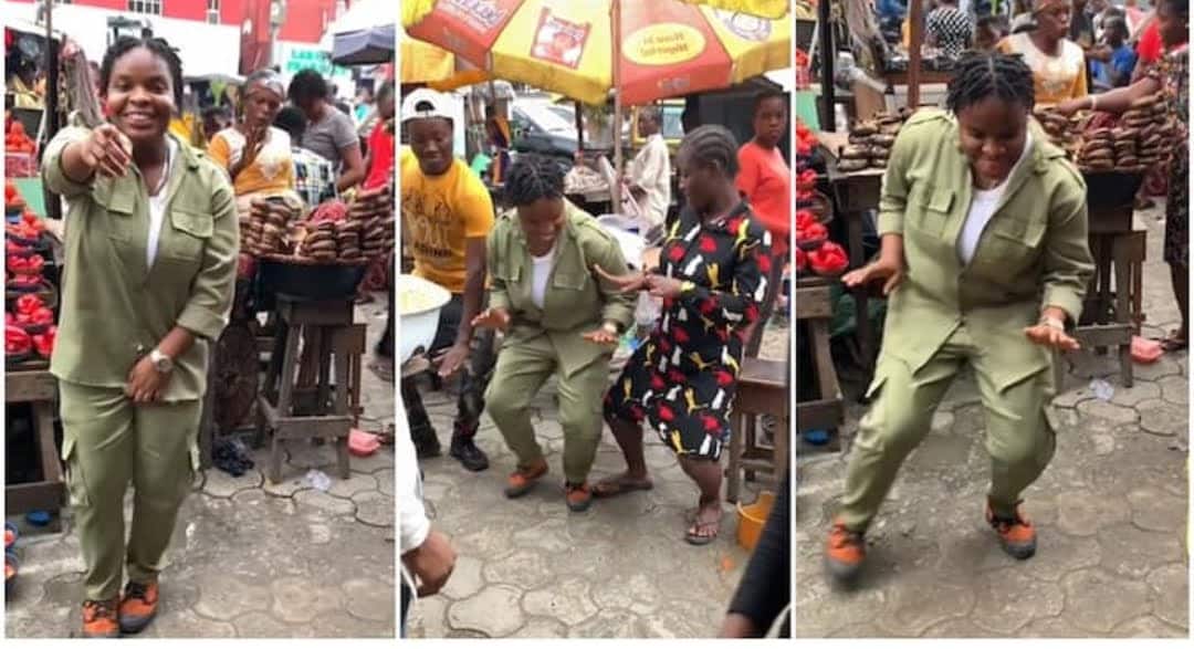 Cute Lady in NYSC Uniform Jumps on Buga Challenge Inside Market, Traders, Smoked Fish Seller Joins in Video