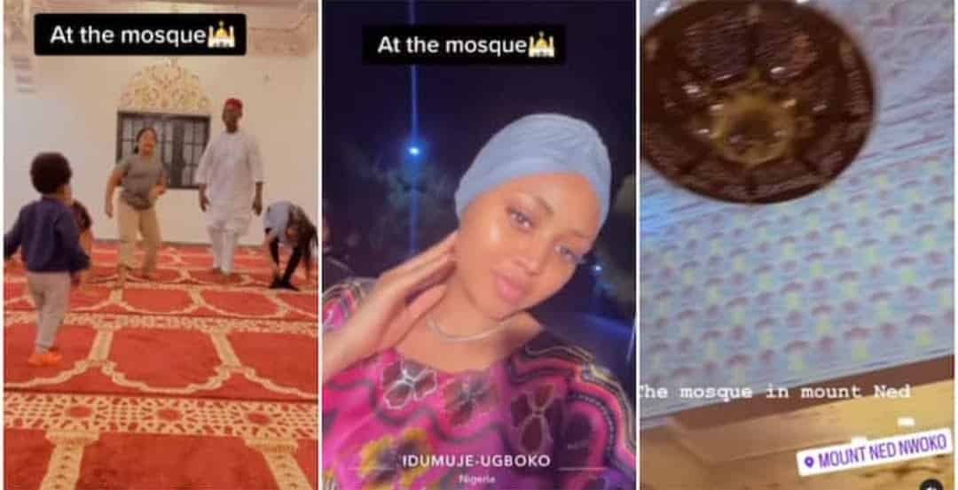 Video Shows Regina Daniels, Billionaire Husband and Kids in the Mosque at Mount Ned