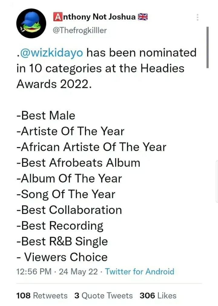 Fans hails Wizkid as he bags 10 nominations at Headies Award 2022