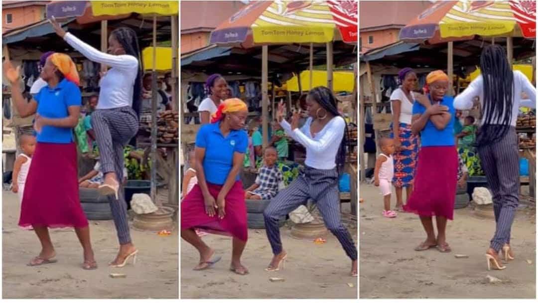 Market woman & lady in heels dance to Buga song, their energy entertain many