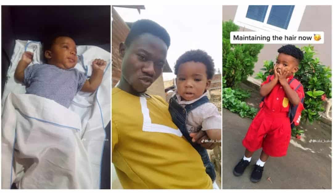 Young Man Who Found Baby by Roadside 4 Years Ago Sends Kid to School, Shares His Transformation Photos