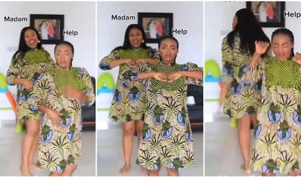 "Madam Gown Short Pass Maid Own": Housemaid and Oga's Wife Dance in Video, Their Dressing Sparks Reactions