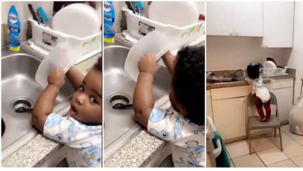 "Are You Not The One That Put Chair There?" Questions As Video Shows Cute Toddler Helping Mum to Wash Plate