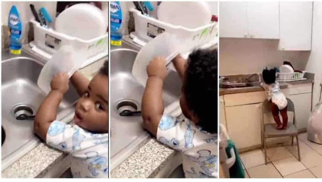 "Are You Not The One That Put Chair There?" Questions As Video Shows Cute Toddler Helping Mum to Wash Plate