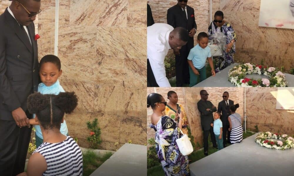 Pastor Ituah Ighodalo and kids visit wife, Ibidunni’s graveside to mark her posthumous birthday (Photos)