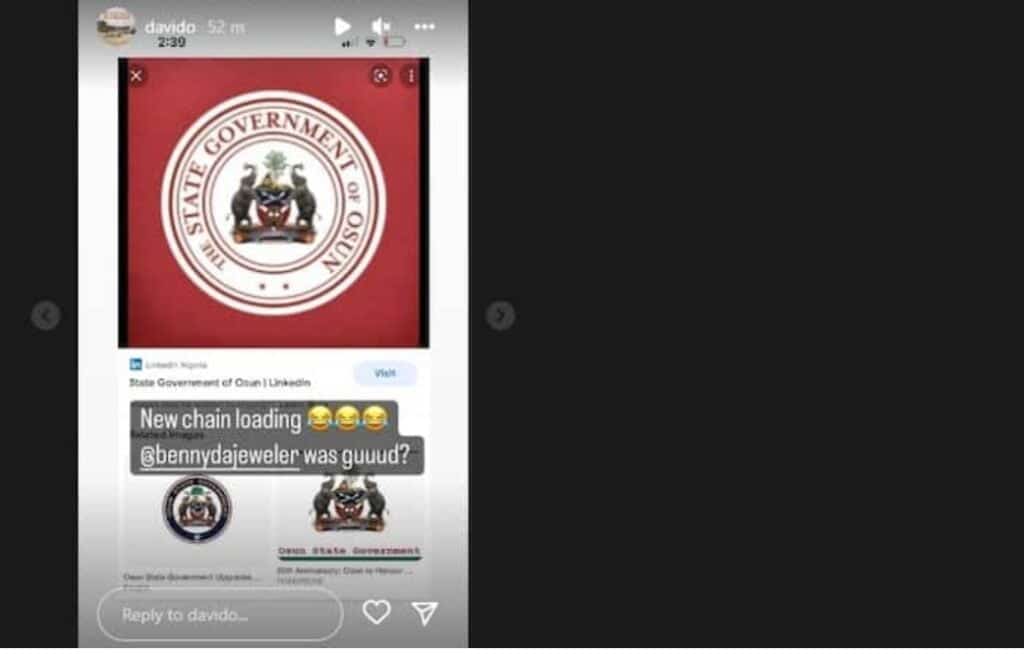 Days After Uncle’s Win, Davido Set to Get Customized Chain of Osun State’s Emblem, Shares Picture 