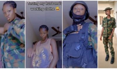 "Omo, You Try": Reactions as Pregnant Nigerian Lady Rocks Her Hubby's Army Uniform and Boots, Video Stuns Many