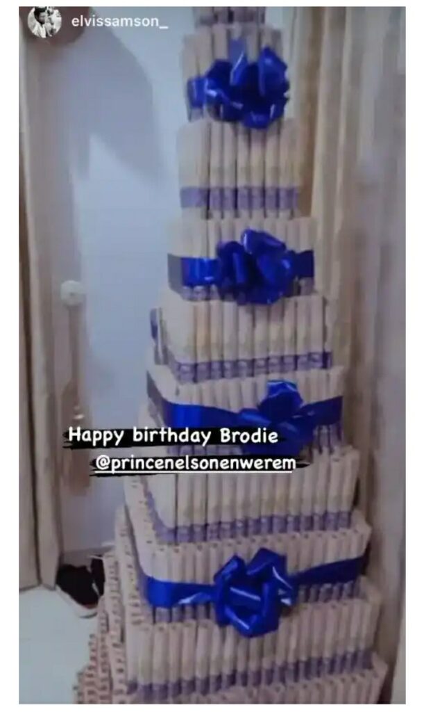 BBNaija’s Prince Enwerem shows off the massive money cake he received on his birthday (Photo)