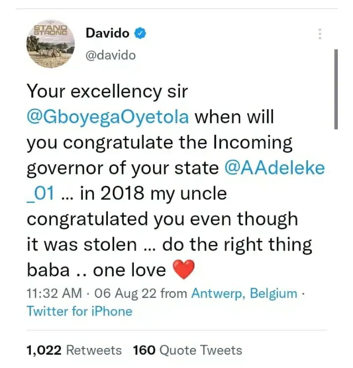 When will you congratulate the incoming governor Davido calls out Governor Adegboyega Oyetola