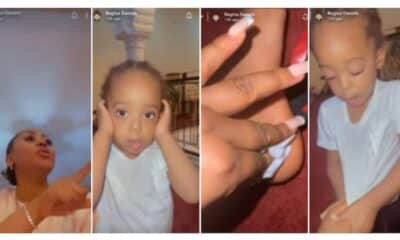 “Sorry Mama I Won’t Do It Again”: Regina Daniels’ Son Holds His Ears, Apologises for Breaking Plate on Her Leg