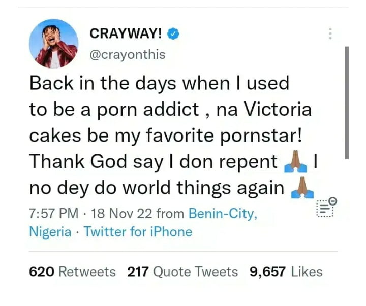 Fast rising Nigerian singer, Crayon has opened up on his porn addiction.