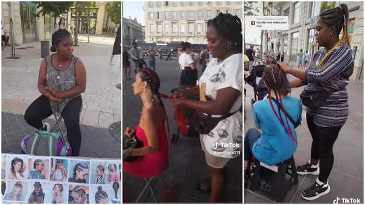 Beautiful Lady Works As Professional Hairdresser Abroad, Plaits Oyinbo’s Hair Into Braids in Video