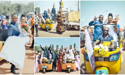 Lovely Pictures as Nigerian Groom and Bride Arrive at Their Wedding Reception in 2 Keke Napeps, Cause a Stir