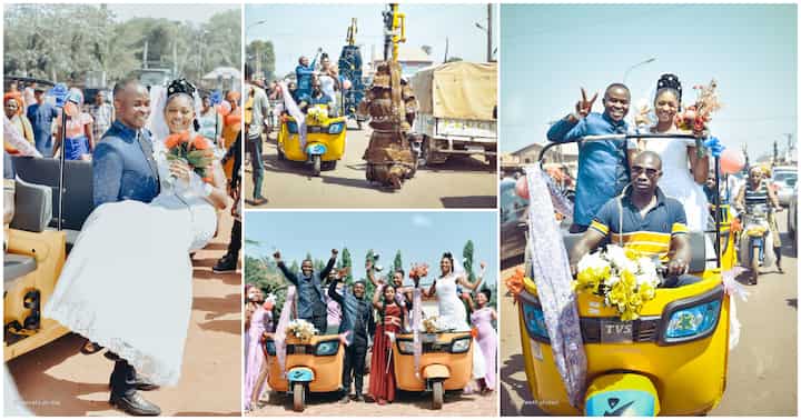 Lovely Pictures as Nigerian Groom and Bride Arrive at Their Wedding Reception in 2 Keke Napeps Cause a Stir