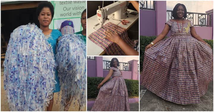 "Beautiful": Cute Photos as Nigerian Lady Gathers over 5k Sachet Water Nylons, Makes Fine Dress from it