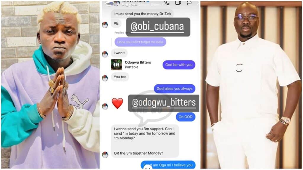 "N1 Million Today, Tomorrow, and Monday": Billionaire Obi Cubana storms the DM of Portable and presents him with N3m