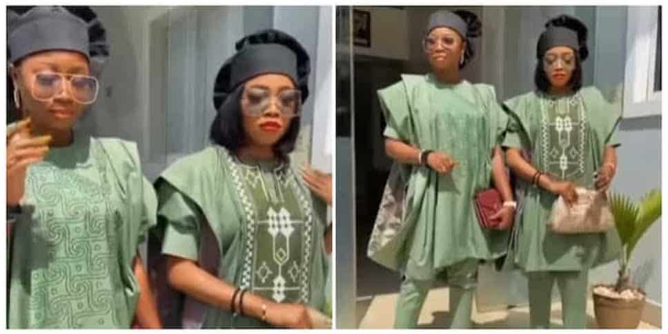 Asoebi Fashion: 2 Ladies Command Attention in Stylish Green Agbada Outfit, Netizens in Awe