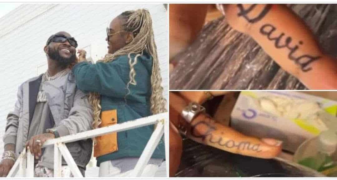Video Hits Internet As Davido and Chioma Tattoo Each Others Names on Fingers With Their Wedding Rings