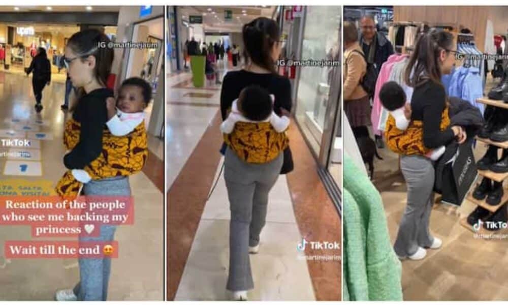 Pretty Oyinbo Lady Backs Her Baby With Nigerian Wrapper, People Keep Looking at Her, Video Goes Viral